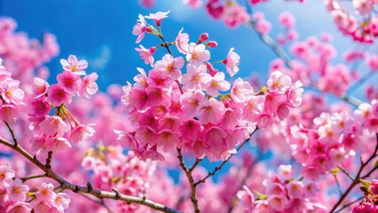 Pink cherry blossoms in full bloom against a clear sky in spring season, cherry blossoms, pink, flowers, spring, isolated