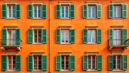Fototapeta premium Facade of an orange Italian building with windows and green shutters, Italy, architecture, exterior, design, historic, traditional