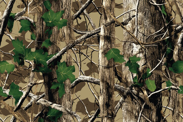 Realistic Hunting Camouflage Vector Seamless Pattern with Intricate Tree Bark and Leaf Details for Outdoor Gear and Prints. 