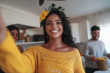 Cheerful young woman wearing flower crown taking selfie while friends preparing party decorations in background