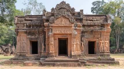 Fototapeta premium Ancient Temple Ruins Surrounded by Lush Green Forest Landscape