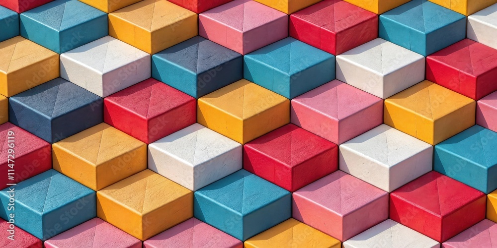 Poster a colorful abstract composition of geometric shapes in a pattern of cubes and rectangular forms