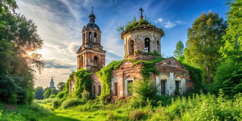 Naklejka premium Ruined Orthodox church surrounded by overgrown vegetation, Abandoned, dilapidated, desolate, neglected, decay