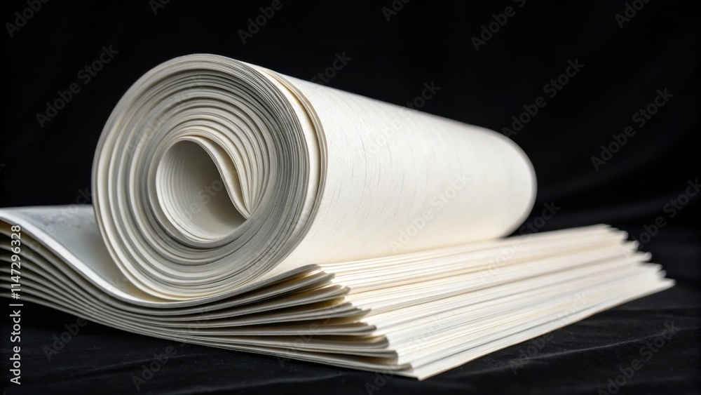 Aufkleber A stack of blank white paper with a roll of paper on top, the paper is in a close up view and in focus