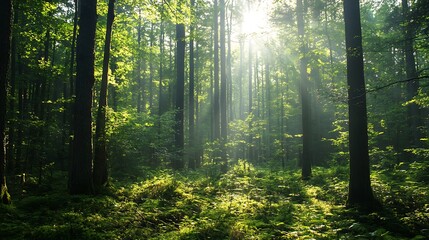 Obraz premium Sunlight filtering through a lush forest. Concept of nature, tranquility, and serenity.