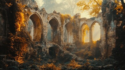 Fototapeta premium Ancient Ruins Surrounded by Lush Foliage and Soft Sunlight