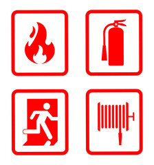 Fire emergency icons isolated set. Fire protection signs. Fire safety symbol collection. Fire prevention icons. Red, equipment, fire protection. Fire safety stickers. Fire extinguisher icon.