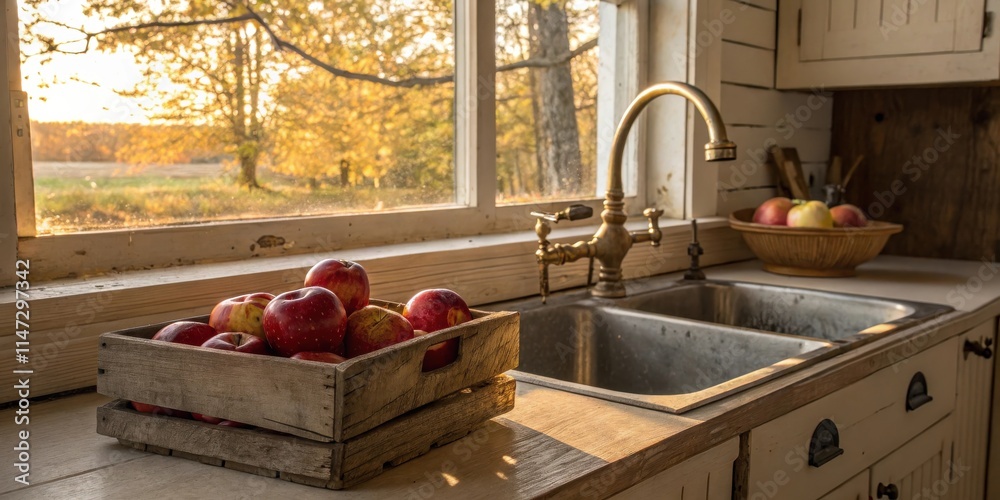 Poster a rustic kitchen sink with a wooden crate full of red apples and a window view of a fall foliage lan