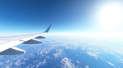 Serene Aerial View from Airplane Wing Above Clouds and Ocean