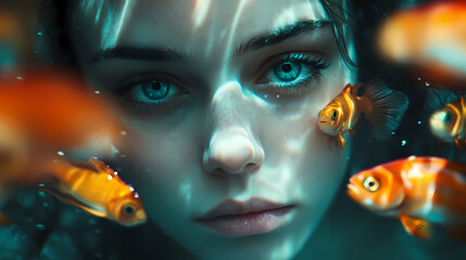 Intense gaze of woman submerged in underwater aquarium surrounded by fish. Submerged. Illustration