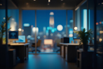 At night beautiful Abstract blurred office interior room. blurry working space with defocused effect