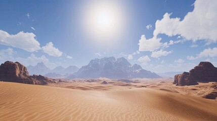 Naklejka premium Majestic Desert Landscape Under Bright Sky with Distant Mountains