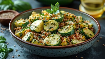 Zucchini salad with grains and herbs in a bowl.