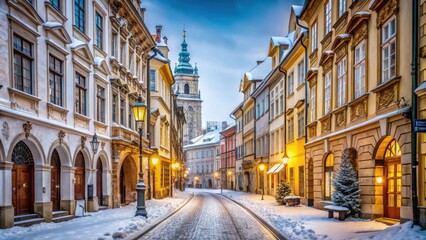 Fototapeta premium Snow-covered streets of historic Prague in winter , Prague, Czech Republic, winter, snow, old town