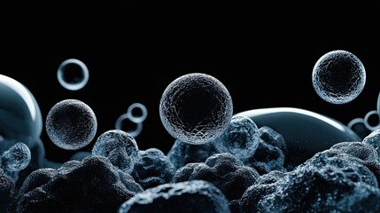 Abstract Blue Bubbles and Spheres Floating in Dark Space