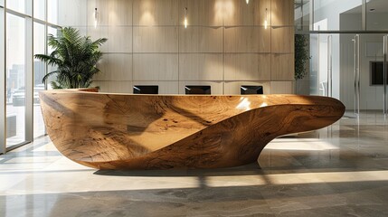 Modern, Sculptural Wooden Reception Desk in a Sunlit Lobby
