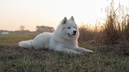 Obraz premium Serene White Dog Resting at Sunset in Open Field Landscape