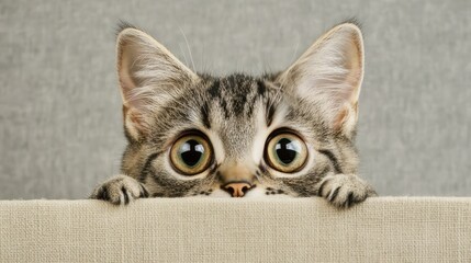 Obraz premium Curious Cat Peeking Over a Soft Beige Surface with Big Eyes