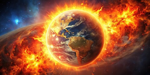 Fiery apocalypse engulfing a world as the sun explodes and earth burns, apocalypse, fiery, world, sun, explosion