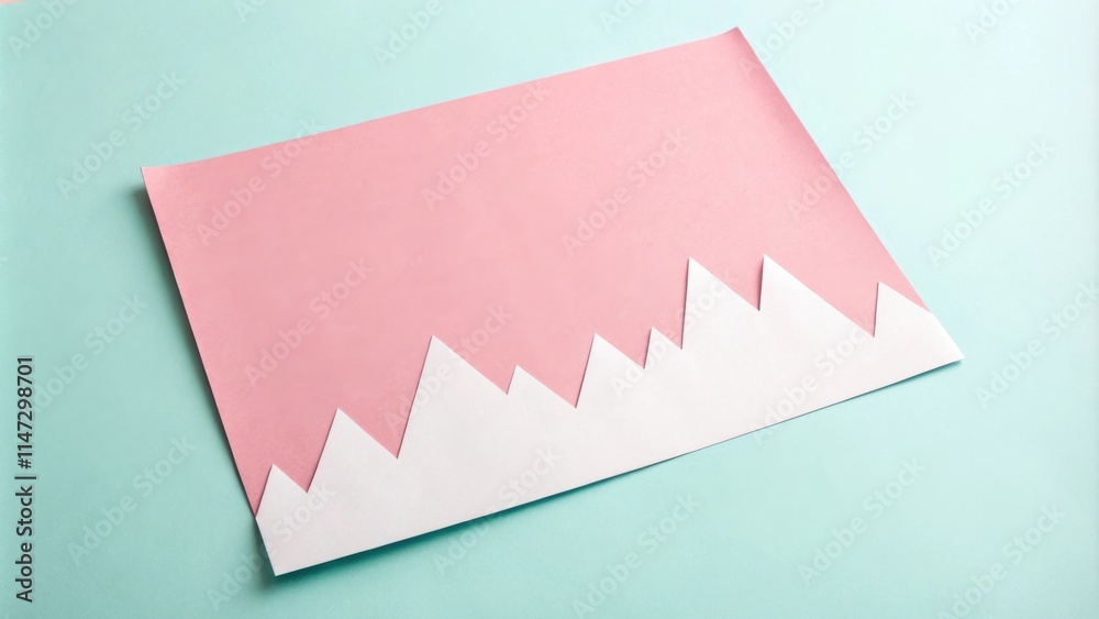 Poster abstract composition of paper shapes, creating a minimalist mountain range on a pastel pink and blue