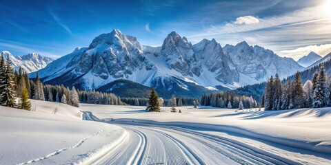 Ski track winding through snowy terrain in front of towering mountains , Skiing