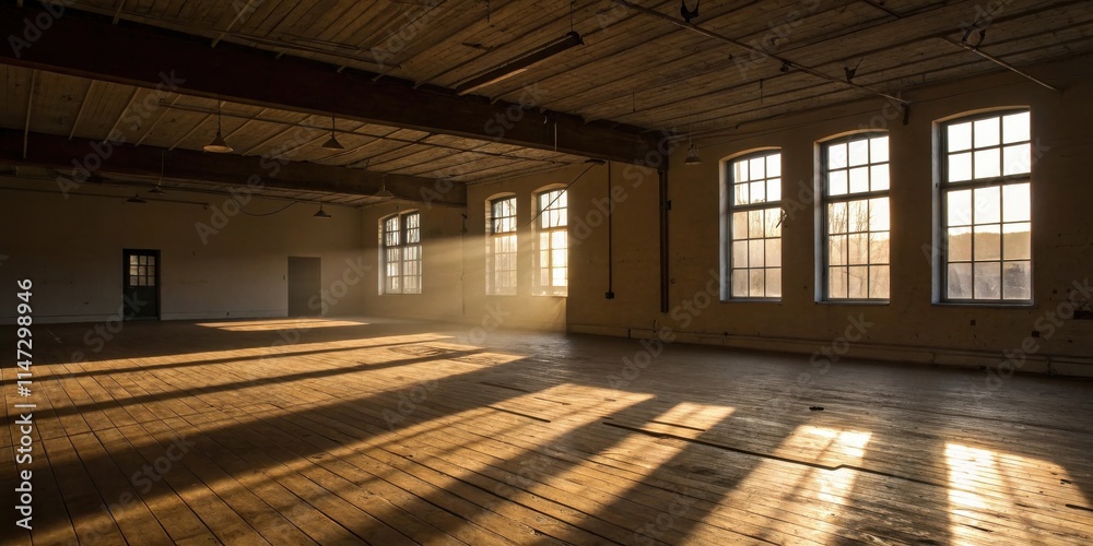 Poster sunlight streams through windows in an abandoned industrial building, casting long shadows on the wo
