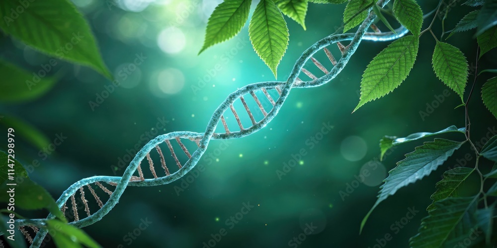 Aufkleber a double helix of dna entwined with vibrant green leaves, representing the intricate connection betw