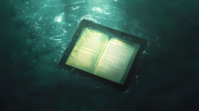 An artistic shot of an ebook reader submerged in cozy lighting, displaying an artistic poetry collection with elegant formatting. Submerged. Illustration