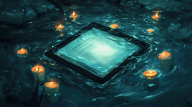 An artistic shot of an ebook reader submerged in cozy lighting, displaying an artistic poetry collection with elegant formatting. Submerged. Illustration