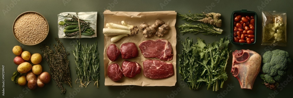 Poster fresh vegetables, meat, and grains arranged neatly on a table with ample copy space for recipes or f