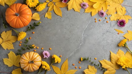 Fototapeta premium Autumnal Frame of Pumpkins, Flowers, and Fallen Leaves on a Grey Background