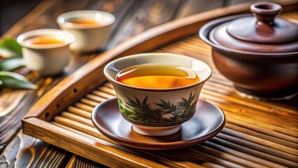 Close-up of Chinese tea brewing in ceramic gaiwan during a traditional tea ceremony, Chinese tea, brewing