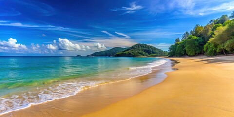 Obraz premium Beautiful Phuket beach with crystal clear water, golden sand, and clear blue sky on a summer morning , Phuket, beach