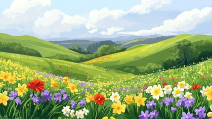 Fototapeta premium Blooming wildflowers adorn rolling green hills under a bright sky