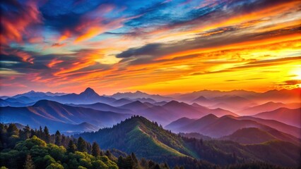 Obraz premium Colorful sunset over hills and mountain peaks, sunset, colorful, beauty, nature, landscape, sky, clouds, horizon, hills