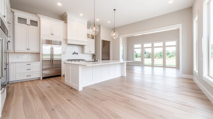 Fototapeta premium Bright, spacious kitchen with white cabinets, island, and hardwood floors, opening to a sunlit family room with large windows and patio doors.