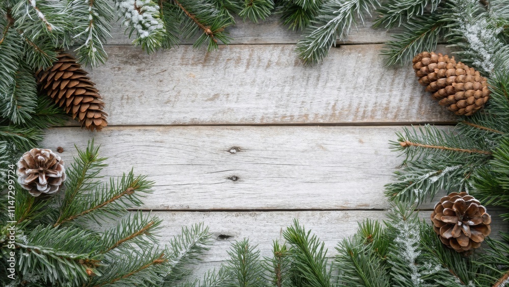 Poster evergreen branches and pine cones framing a rustic wooden background with snow-dusted needles