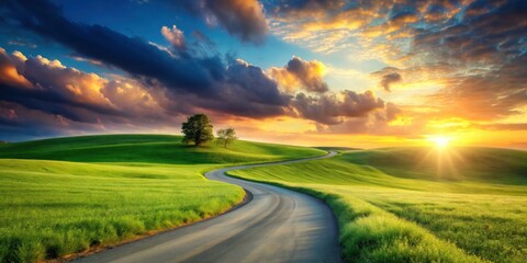 Winding road with lush green grass under a beautiful sunset sky, sunset, nature, landscape, road, pathway, green grass