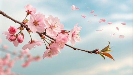 Delicate pink cherry blossoms on a branch against a light blue sky with petals falling gracefully in the gentle breeze