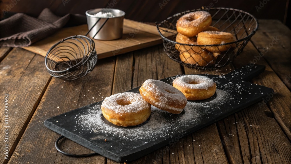 Poster three freshly baked donuts with powdered sugar on a black slate serving board on a rustic wooden tab