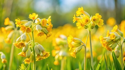 Obraz premium Closeup of vibrant yellow cowslips blooming in a Swiss meadow in spring, cowslip, yellow, flowers, spring, protected