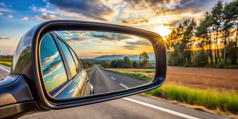 Rear view mirror of a car preparing for a long journey, travel, adventure, transportation, vehicle, road trip, reflection