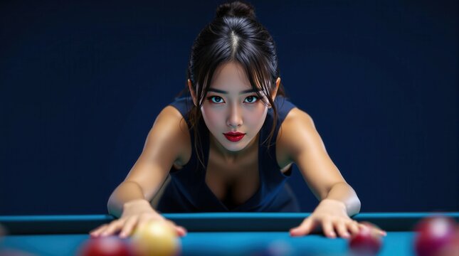 Woman in black dress focused on a pool shot with a sleek look, ideal for nightlife promotions.