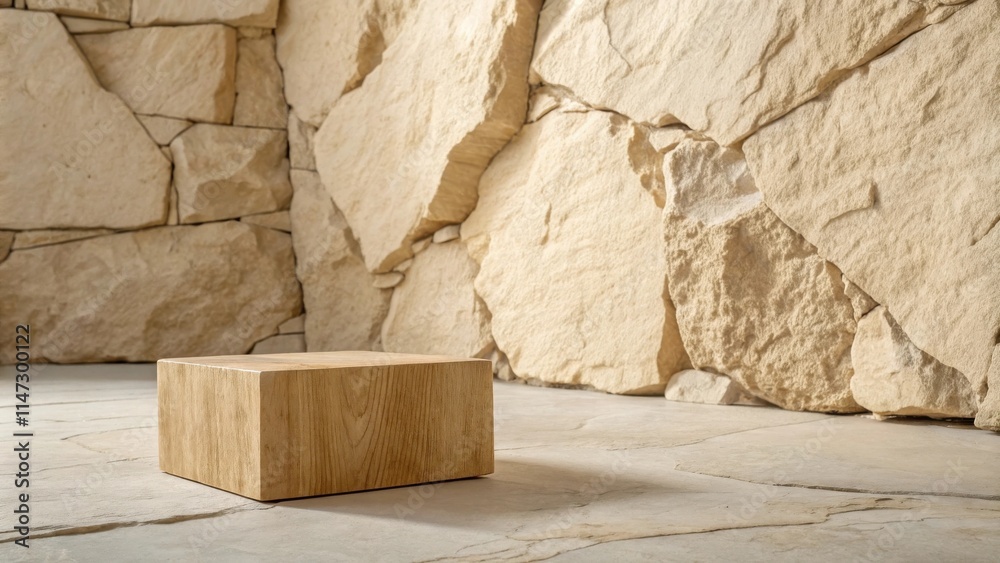 Poster a wooden cube platform rests on a light gray stone floor with a background of a beige stone wall