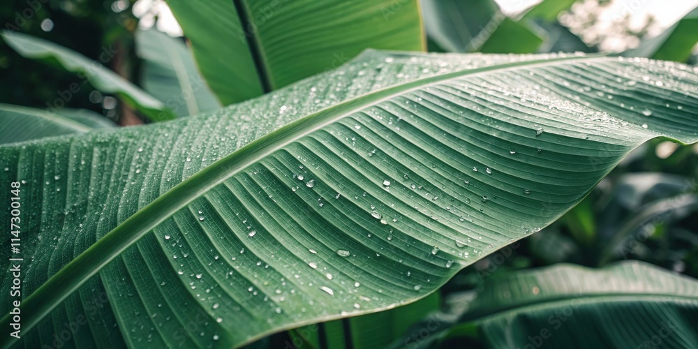 Poster a close-up view of a large, green leaf with water droplets glistening on its surface, showcasing the