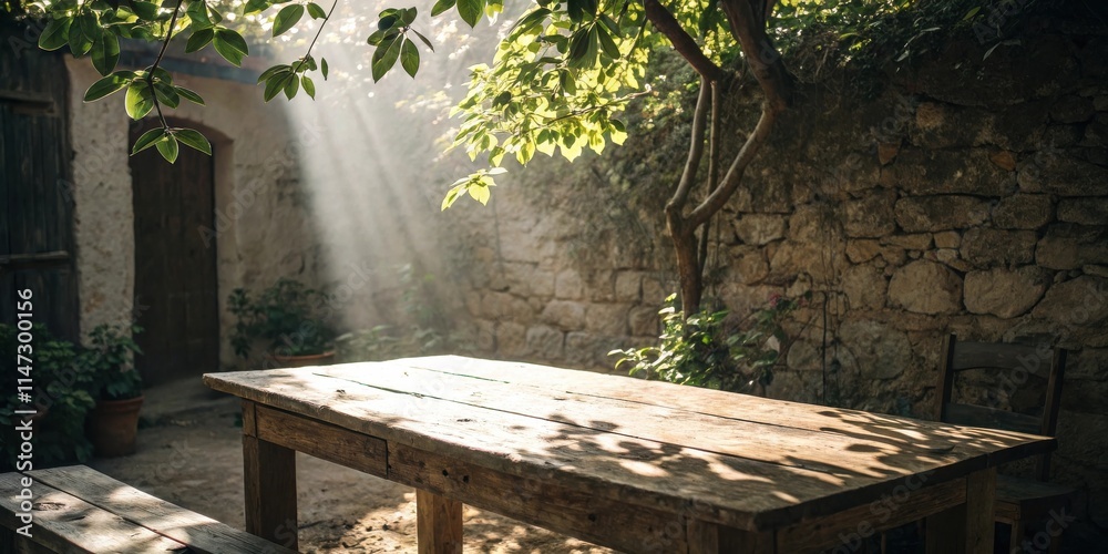 Poster a rustic wooden table sits under a canopy of leaves, bathed in the warm glow of sunlight filtering t
