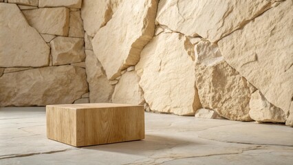 A wooden cube platform rests on a light gray stone floor with a background of a beige stone wall