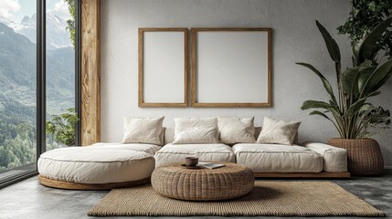 Minimalist Living Room with Mockup Frames and Natural Decor. Generative AI