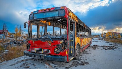 Obraz premium Charred frame of a bus after a fire against the background of the road and sky. , isolated on white background, , copy space, copy space for text,