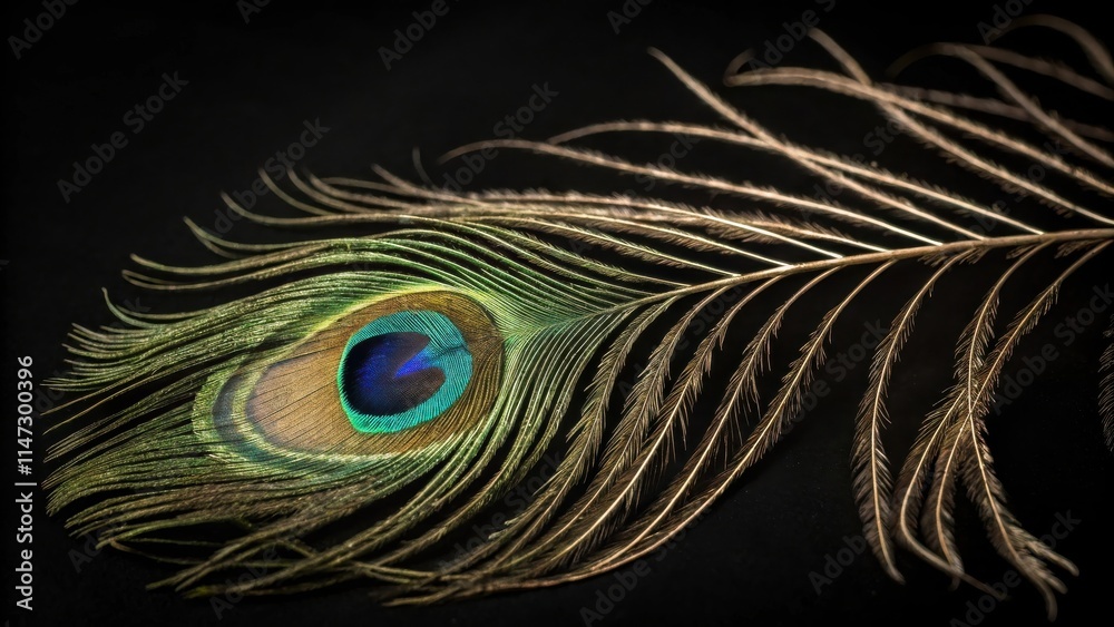 Poster A single peacock feather with its iconic iridescent eye pattern displayed against a stark black background.